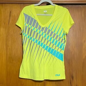 Fila Women's Neon Yellow Aqua Graphic Tee V Neck Cap Sleeve Sporty P2P 19.5”
